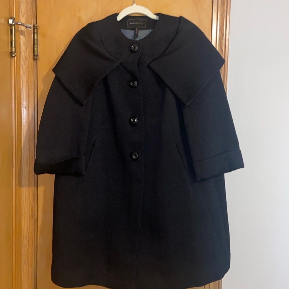 BCBG black wide collar A-line coat. Size XS